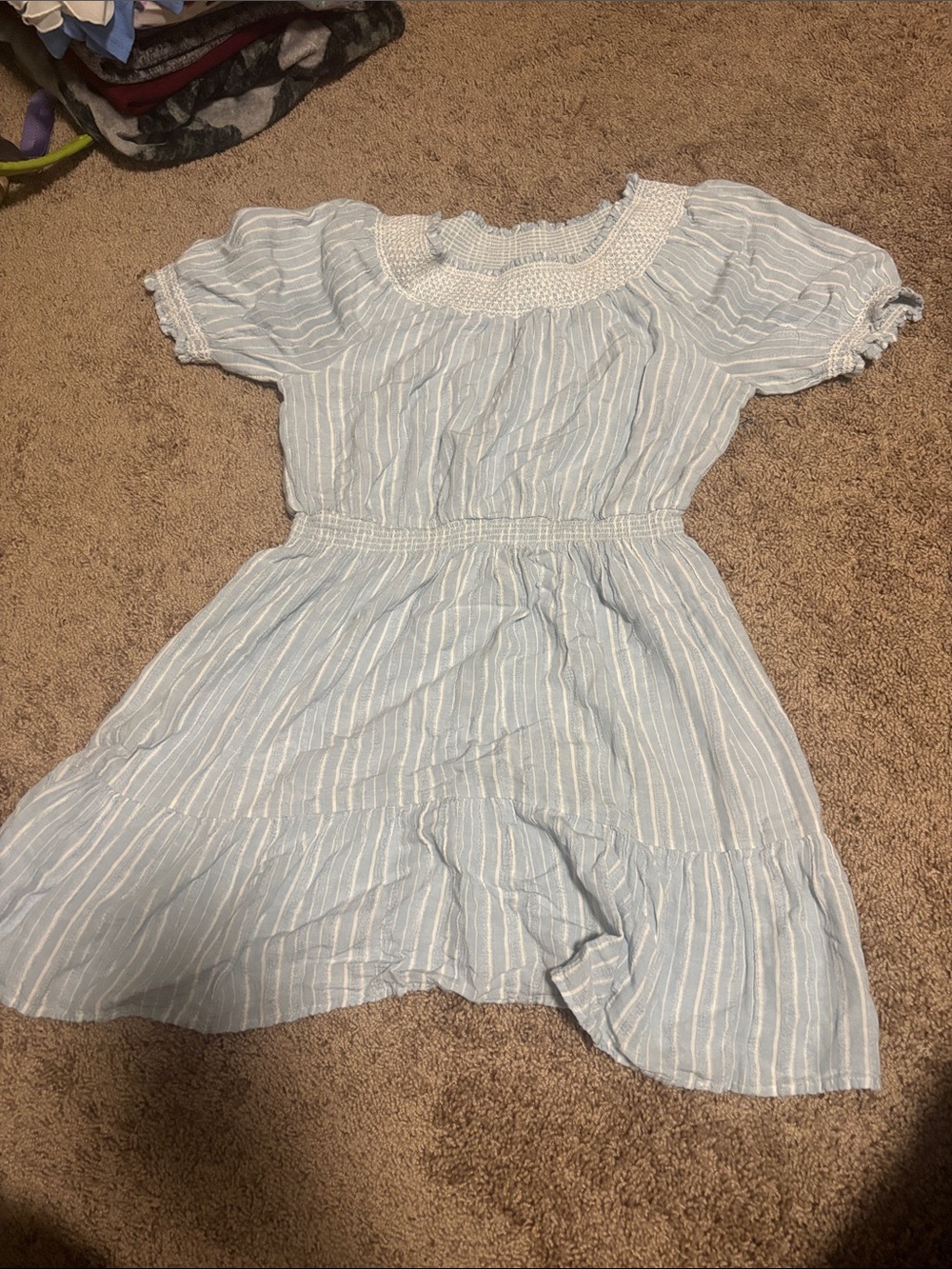 Old Navy Light Blue and White Striped Smocked Neck Dress